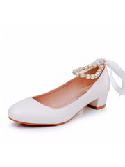 Low Chunky Heels Round Toe Beaded Wedding Shoes