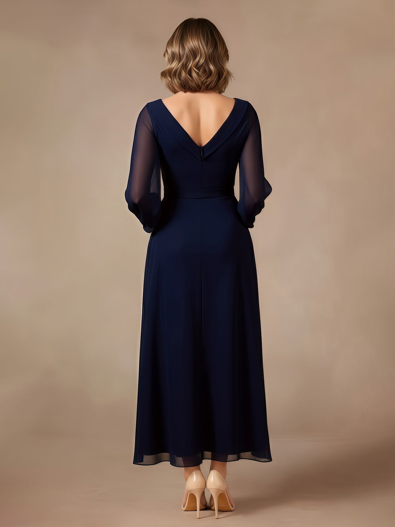 BABARONI Chiffon Dark Navy Mother of the Bride Dresses A-line V-neck Long Sleeve Tea-length BABARONI Chiffon Dark Navy Mother of the Bride Dresses A-line V-neck Long Sleeve Tea-length