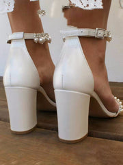 Open Toe Pearl Ankle Strap Block High Heels