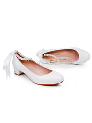 Round Toe Low Chunky Heels Beaded Wedding Shoes