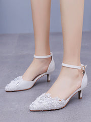 White Lace and Rhinestone Pointed Toe Wedding Shoes