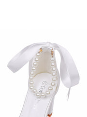 Peep Toe Ribbons Beaded Chunky Heel Sandals