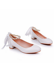 Low Chunky Heels Round Toe Beaded Wedding Shoes