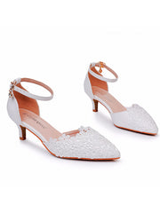 White Lace Embellished Stiletto Pointed Toe Sandals