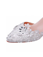 White Lace and Rhinestone Pointed Toe Wedding Shoes