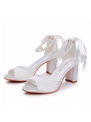 Peep Toe Ribbons Beaded Chunky Heel Sandals