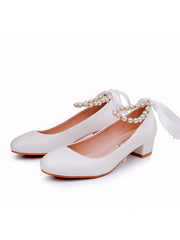 Low Chunky Heels Round Toe Beaded Wedding Shoes