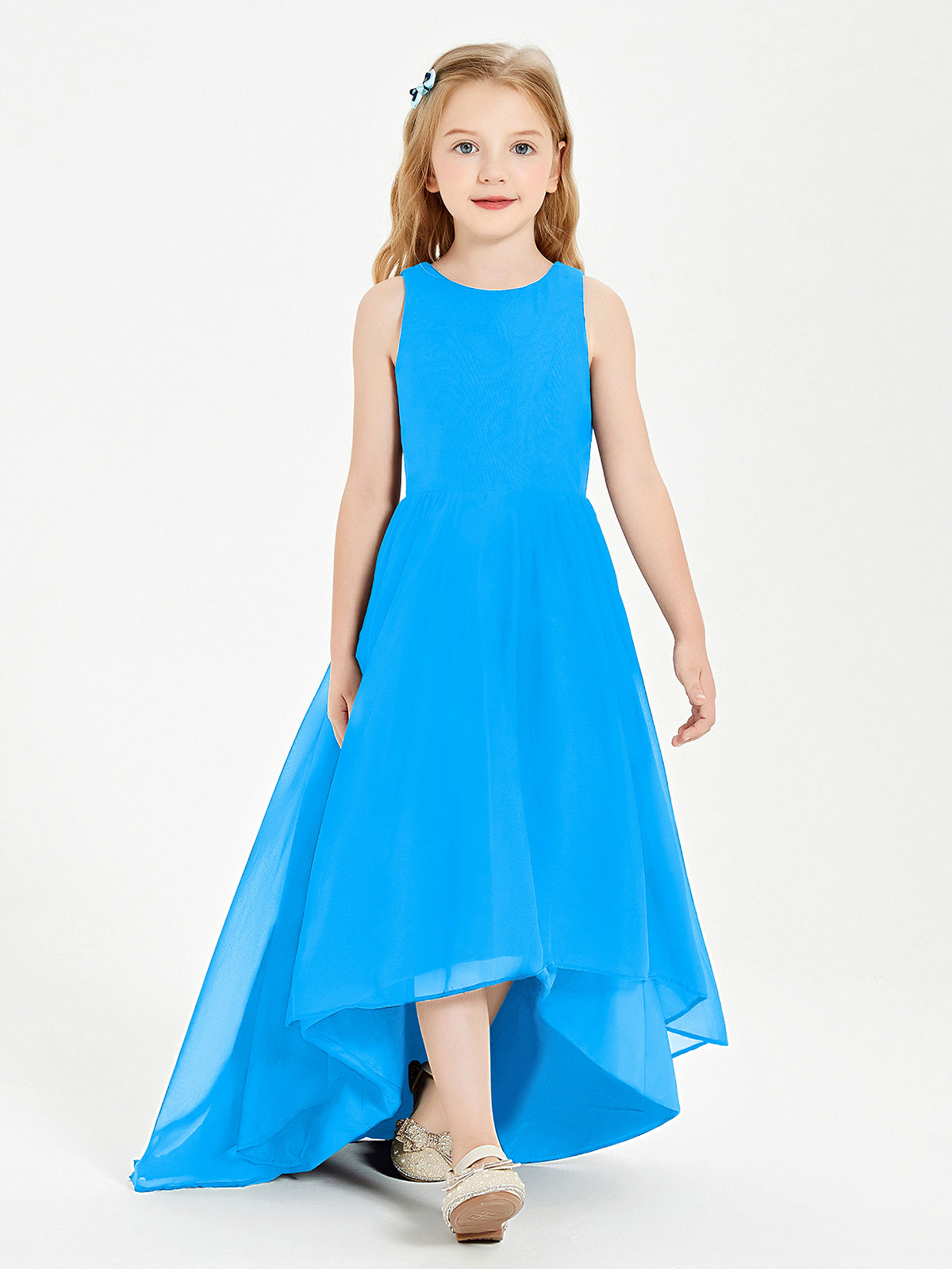 Sleeveless Pleated Chiffon Long Junior Bridesmaid Dress Ocean Blue main image 0