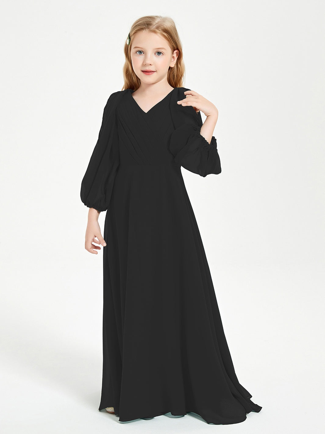 BABARONI Chiffon Black Junior Bridesmaid Dresses A-line V-neck Long