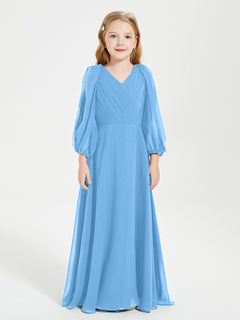 Long Sleeves Modest Junior Bridesmaid Dresses Blue