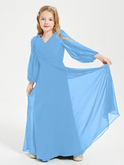 Long Sleeves Modest Junior Bridesmaid Dresses Blue