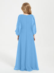 Long Sleeves Modest Junior Bridesmaid Dresses Blue