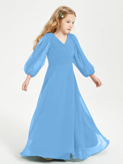 Long Sleeves Modest Junior Bridesmaid Dresses Blue