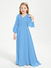 Long Sleeves Modest Junior Bridesmaid Dresses Blue