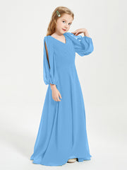 Long Sleeves Modest Junior Bridesmaid Dresses Blue