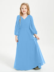 Long Sleeves Modest Junior Bridesmaid Dresses Blue