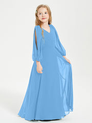 Long Sleeves Modest Junior Bridesmaid Dresses Blue