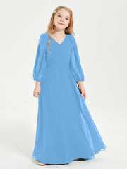 Long Sleeves Modest Junior Bridesmaid Dresses Blue