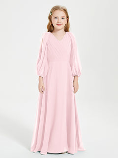 Long Sleeves Modest Junior Bridesmaid Dresses Blushing Pink