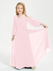 Long Sleeves Modest Junior Bridesmaid Dresses Blushing Pink
