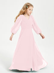 Long Sleeves Modest Junior Bridesmaid Dresses Blushing Pink