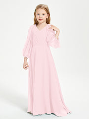 Long Sleeves Modest Junior Bridesmaid Dresses Blushing Pink