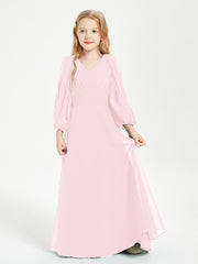Long Sleeves Modest Junior Bridesmaid Dresses Blushing Pink