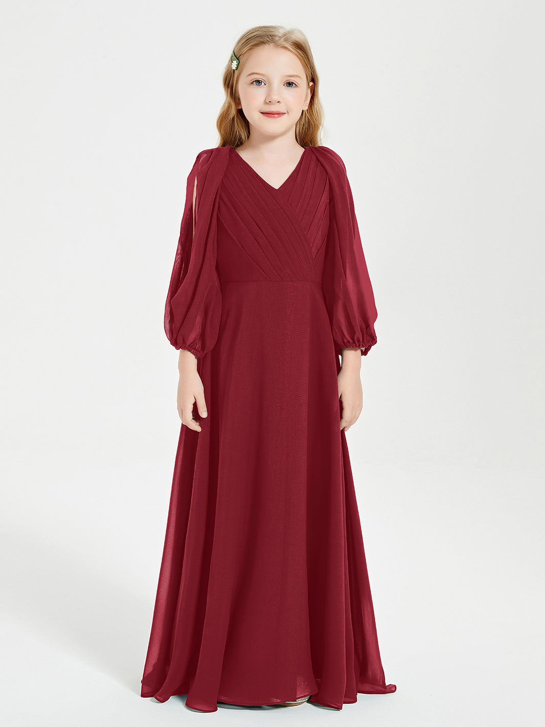 BABARONI Long Sleeves Modest Junior Bridesmaid Dresses Burgundy, Burgundy / J4