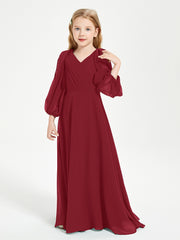 BABARONI Chiffon Burgundy Junior Bridesmaid Dresses A-line V-neck Long Sleeve Pleated Ruched Floor-length, Burgundy / J4
