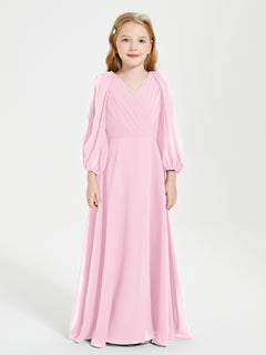 Long Sleeves Modest Junior Bridesmaid Dresses Candy Pink