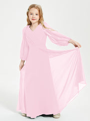 Long Sleeves Modest Junior Bridesmaid Dresses Candy Pink