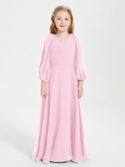 Long Sleeves Modest Junior Bridesmaid Dresses Candy Pink