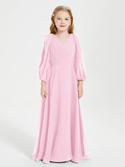 pink junior bridesmaid dresses BABARONI BABARONI Chiffon Candy Pink Junior Bridesmaid Dresses A-line V-neck Long Sleeve Pleated Ruched Floor-length, Candy Pink / J4