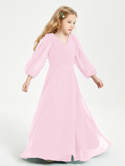 Long Sleeves Modest Junior Bridesmaid Dresses Candy Pink