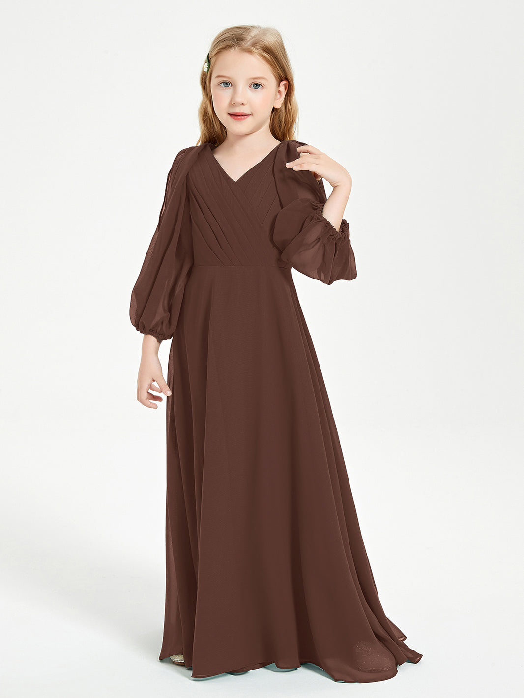 BABARONI Chiffon Chocolate Junior Bridesmaid Dresses A-line V-neck Long  Sleeve Pleated Ruched Floor-length