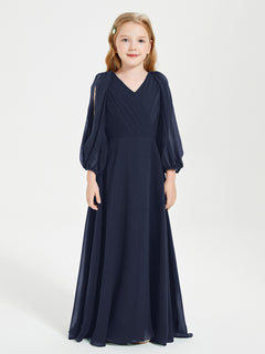 Long Sleeves Modest Junior Bridesmaid Dresses Dark Navy