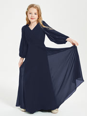 Long Sleeves Modest Junior Bridesmaid Dresses Dark Navy