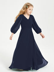 Long Sleeves Modest Junior Bridesmaid Dresses Dark Navy
