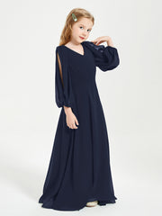 Long Sleeves Modest Junior Bridesmaid Dresses Dark Navy