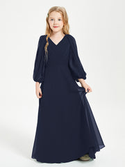 Long Sleeves Modest Junior Bridesmaid Dresses Dark Navy