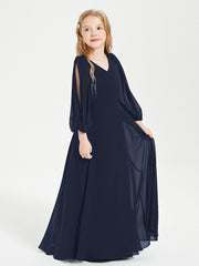 Long Sleeves Modest Junior Bridesmaid Dresses Dark Navy