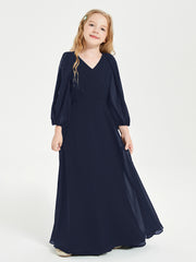 Long Sleeves Modest Junior Bridesmaid Dresses Dark Navy