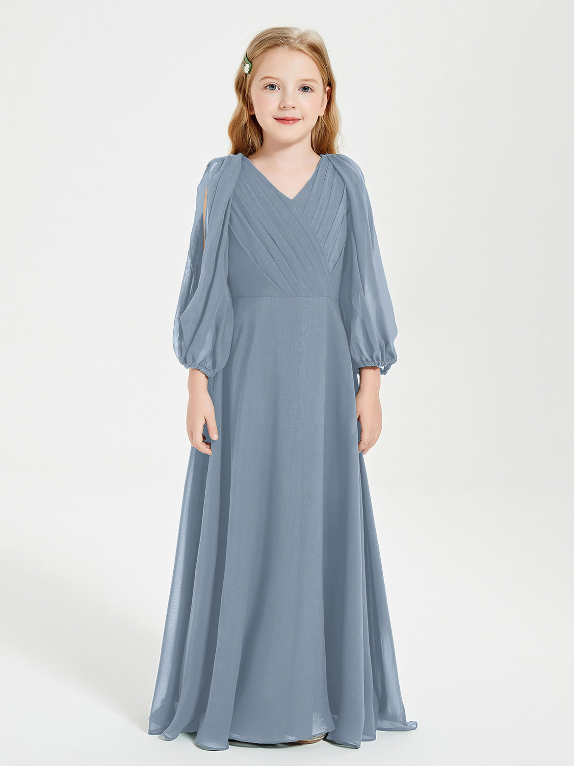 women's light blue off the shoulder dress for winter ball Elegant One-Shoulder Junior Bridesmaid Dress | Flowy Chiffon Formal Gown