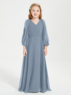 Long Sleeves Modest Junior Bridesmaid Dresses Dusty Blue