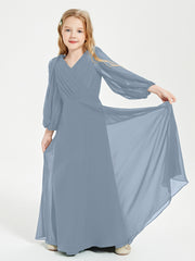 Long Sleeves Modest Junior Bridesmaid Dresses Dusty Blue