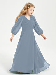 Long Sleeves Modest Junior Bridesmaid Dresses Dusty Blue
