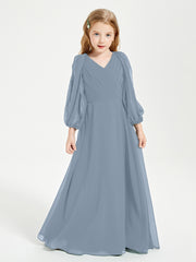 Long Sleeves Modest Junior Bridesmaid Dresses Dusty Blue
