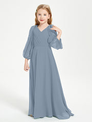 Long Sleeves Modest Junior Bridesmaid Dresses Dusty Blue