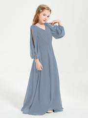 Long Sleeves Modest Junior Bridesmaid Dresses Dusty Blue
