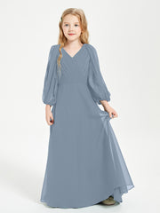 Long Sleeves Modest Junior Bridesmaid Dresses Dusty Blue